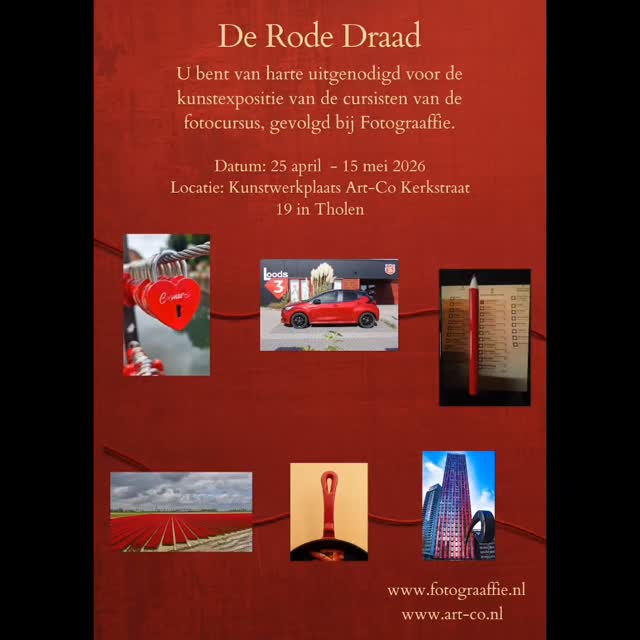 Uitnodiging | Expositie De Rode Draad

Kijken. Echt kijken.

Laat je meenemen in De Rode Draad: een bijzondere expositie waarin fotografie en verbinding samenkomen.

Van 25 april t/m 15 mei zijn de werken van (oud-)cursisten te zien bij
Art-Co Kunstwerkplaats 
Kerkstraat 19, Tholen in samenwerking met Rianne van Duivenbode.

Een verzameling beelden, ieder met een eigen verhaal, samen verbonden door één rode draad.

Let op: gesloten op Koningsdag.

Kom kijken, vertragen en laat je raken.

— Sonja de Graaff, Fotograaffie

#derodedraad #fotografie #kunst #verbinding #expositie